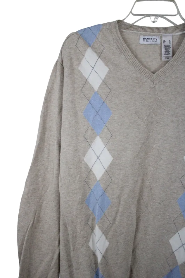 Concepts By Claiborne Tan Argyle Sweater XL Claiborne Earrings