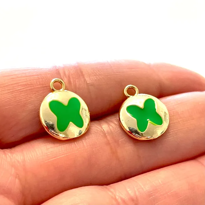 Earrings Peppy Beads 24Kt Gold Plated Brass Neon Green Enamelled Butterfly Charms 2 pcs in a pack