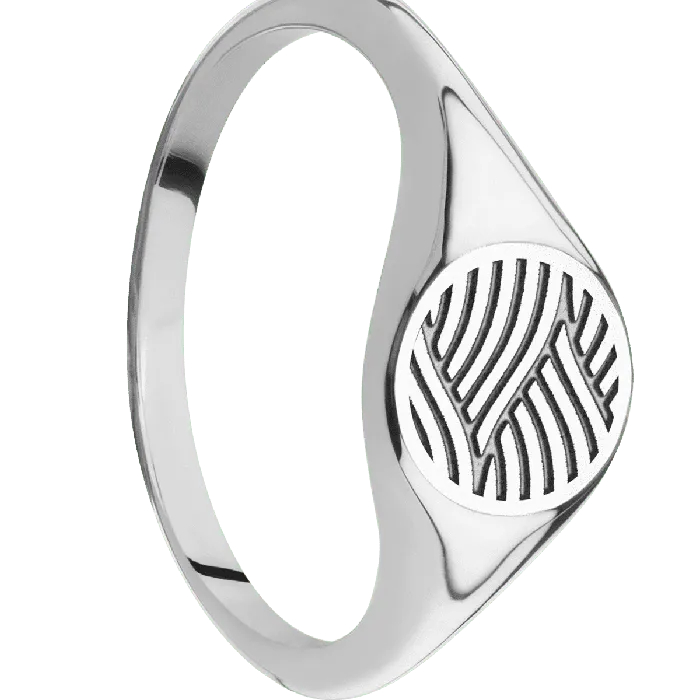 Lashbrook Rings Small Circle signet ring 10mm in 14K White Gold with a Thin style band and a Navigator Rev engraving