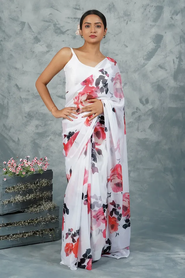 Teejh Earrings Teejh Ivory Rouge Digital Print Chiffon Saree