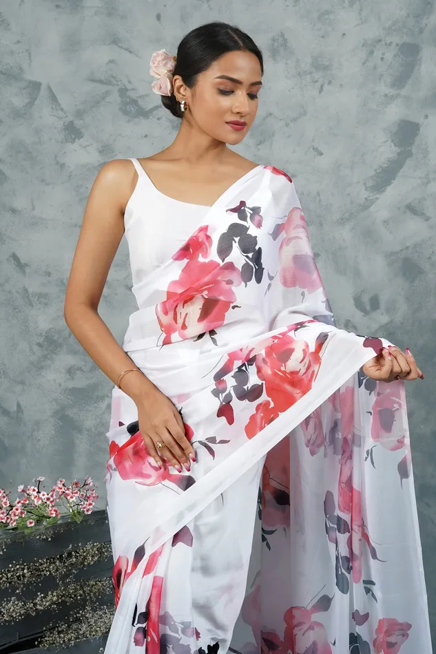 Teejh Earrings Teejh Ivory Rouge Digital Print Chiffon Saree