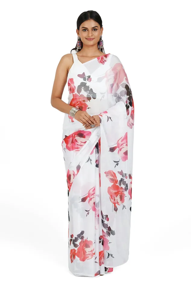 Teejh Earrings Teejh Ivory Rouge Digital Print Chiffon Saree