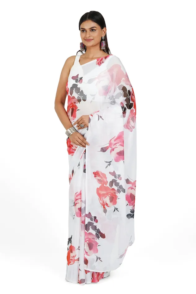 Teejh Earrings Teejh Ivory Rouge Digital Print Chiffon Saree