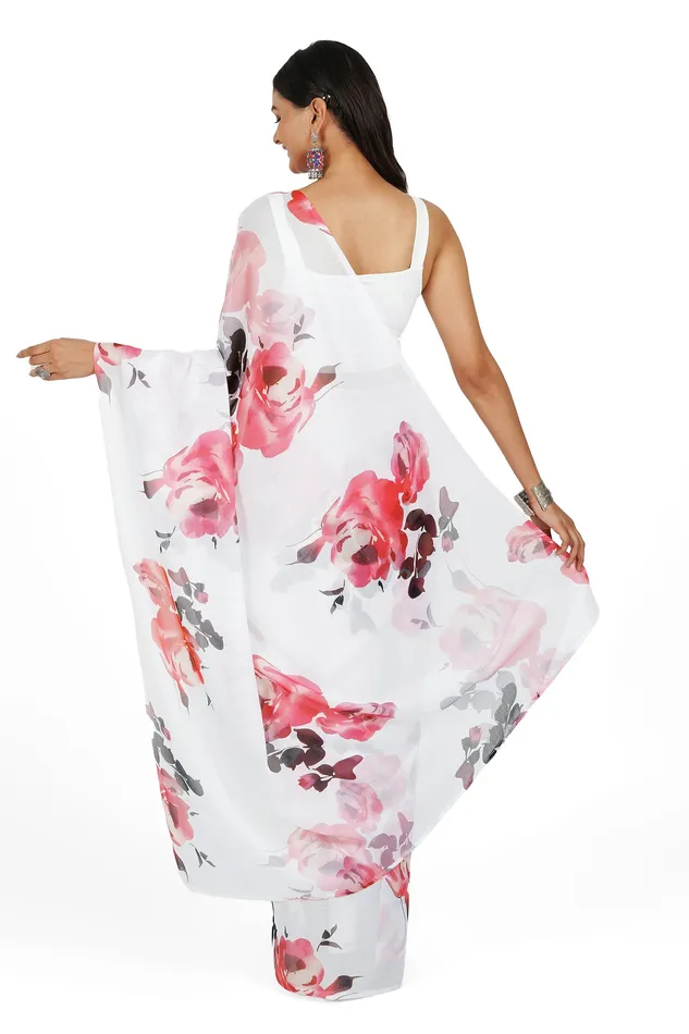 Teejh Earrings Teejh Ivory Rouge Digital Print Chiffon Saree