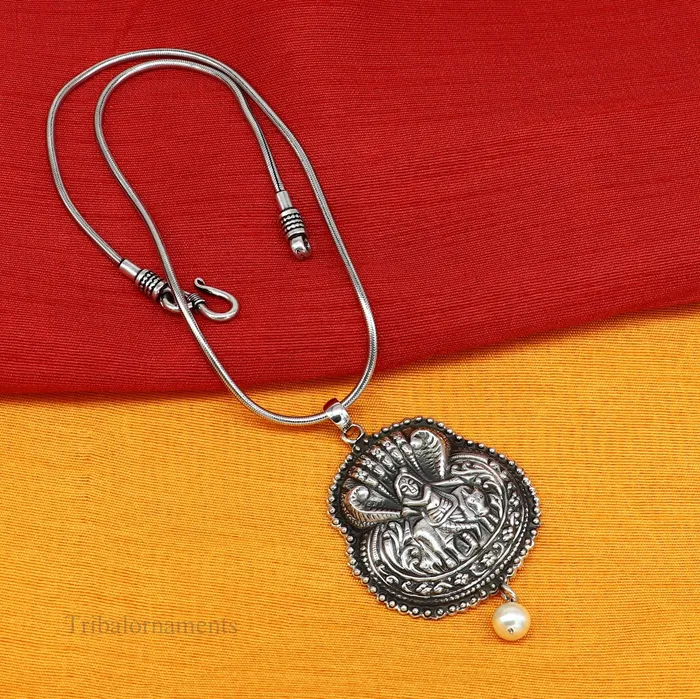 925 sterling silver handmade Hindu idol lord Krishna with cow pendant tribal temple jewelry stunning god krishna belly dance jewelry nsp430 TRIBAL ORNAMENTS Necklaces