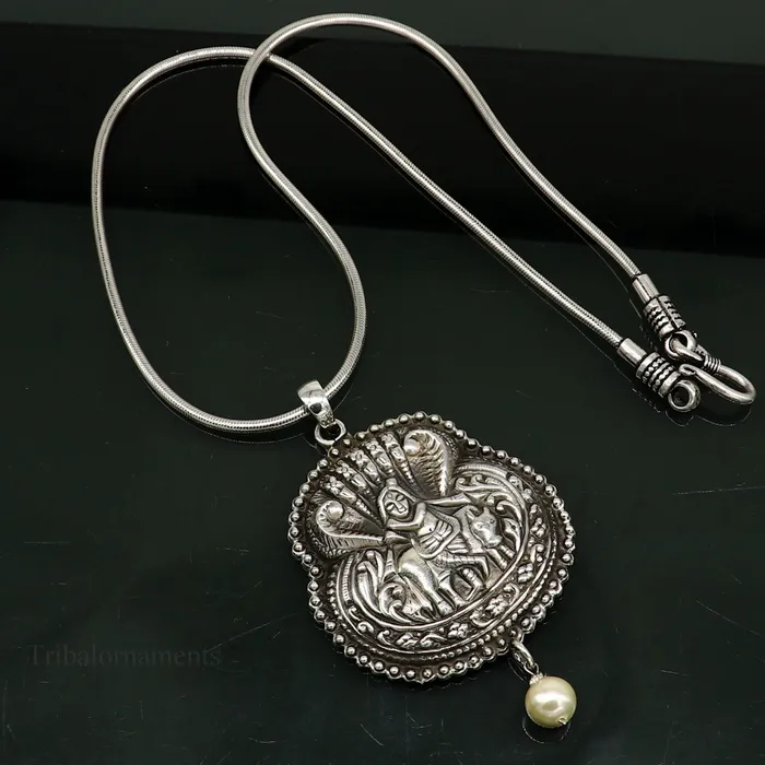 925 sterling silver handmade Hindu idol lord Krishna with cow pendant tribal temple jewelry stunning god krishna belly dance jewelry nsp430 TRIBAL ORNAMENTS Necklaces