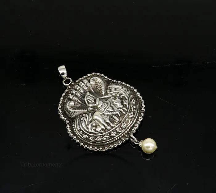 925 sterling silver handmade Hindu idol lord Krishna with cow pendant tribal temple jewelry stunning god krishna belly dance jewelry nsp430 TRIBAL ORNAMENTS Necklaces