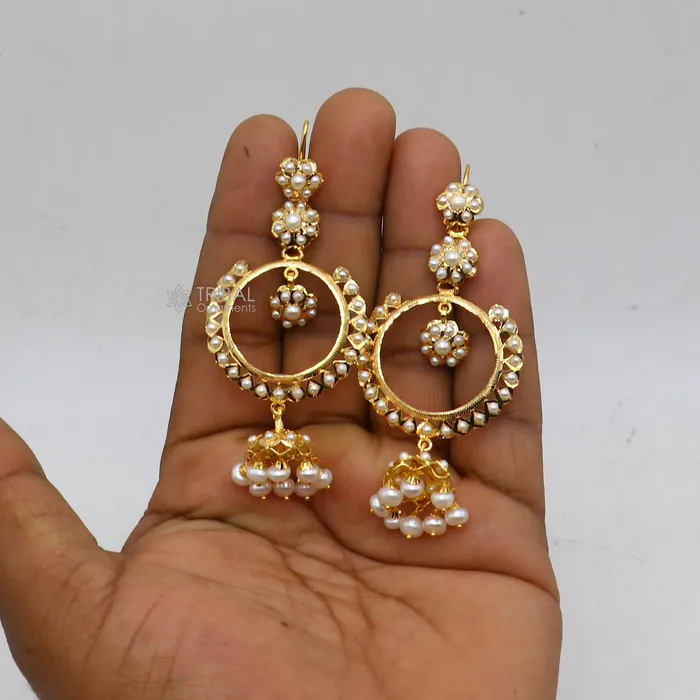 Earrings TRIBAL ORNAMENTS 22kt yellow gold handmade unique stylish filigree work hoops earring Drop dangle charm pearl earrings best functional jewelry er170