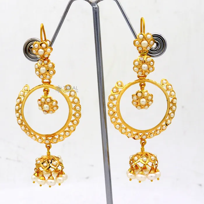 Earrings TRIBAL ORNAMENTS 22kt yellow gold handmade unique stylish filigree work hoops earring Drop dangle charm pearl earrings best functional jewelry er170
