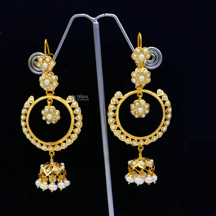 Earrings TRIBAL ORNAMENTS 22kt yellow gold handmade unique stylish filigree work hoops earring Drop dangle charm pearl earrings best functional jewelry er170