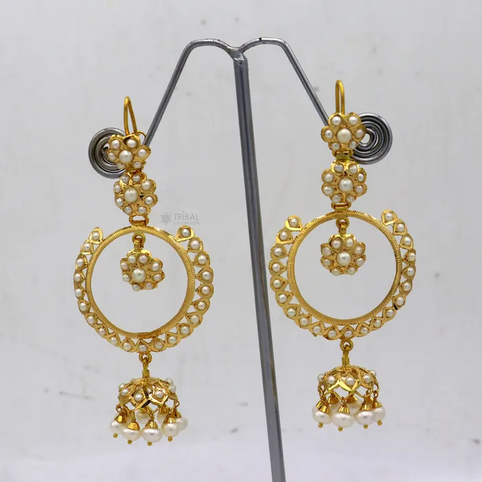 Earrings TRIBAL ORNAMENTS 22kt yellow gold handmade unique stylish filigree work hoops earring Drop dangle charm pearl earrings best functional jewelry er170