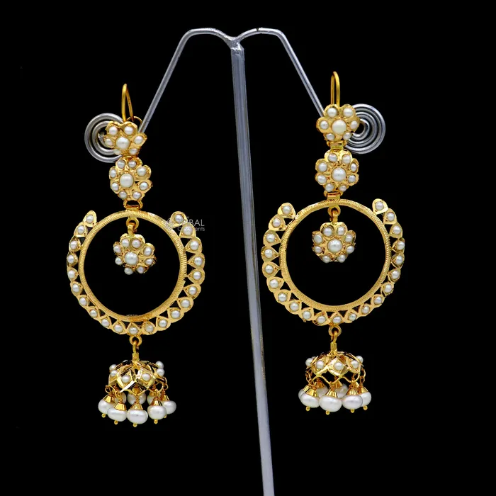 Earrings TRIBAL ORNAMENTS 22kt yellow gold handmade unique stylish filigree work hoops earring Drop dangle charm pearl earrings best functional jewelry er170