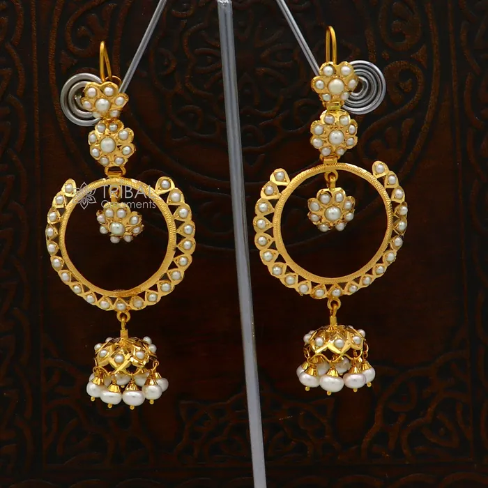 Earrings TRIBAL ORNAMENTS 22kt yellow gold handmade unique stylish filigree work hoops earring Drop dangle charm pearl earrings best functional jewelry er170
