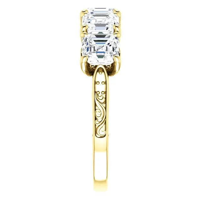 Estella Asscher Moissanite Filigree Scrolls Engagement Band Fire Brilliance Rings