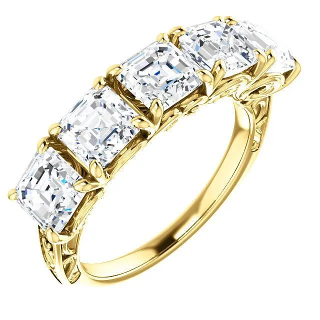 Estella Asscher Moissanite Filigree Scrolls Engagement Band Fire Brilliance Rings
