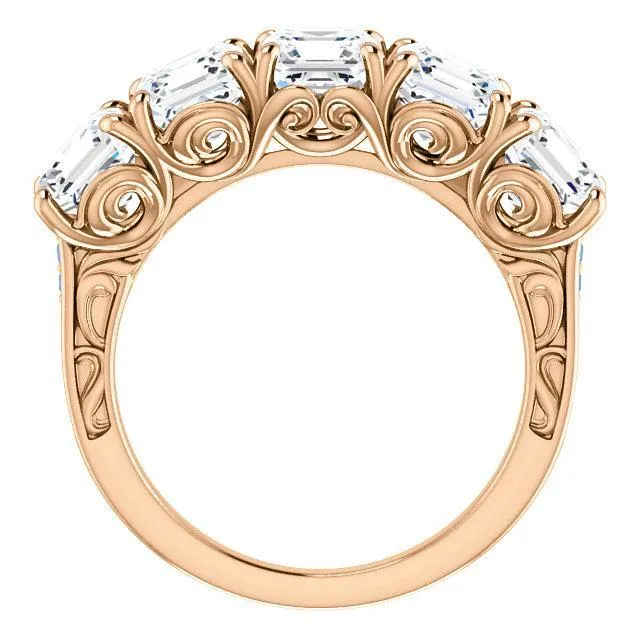 Estella Asscher Moissanite Filigree Scrolls Engagement Band Fire Brilliance Rings