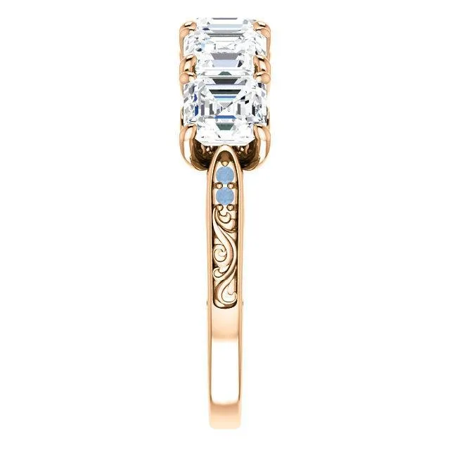 Estella Asscher Moissanite Filigree Scrolls Engagement Band Fire Brilliance Rings
