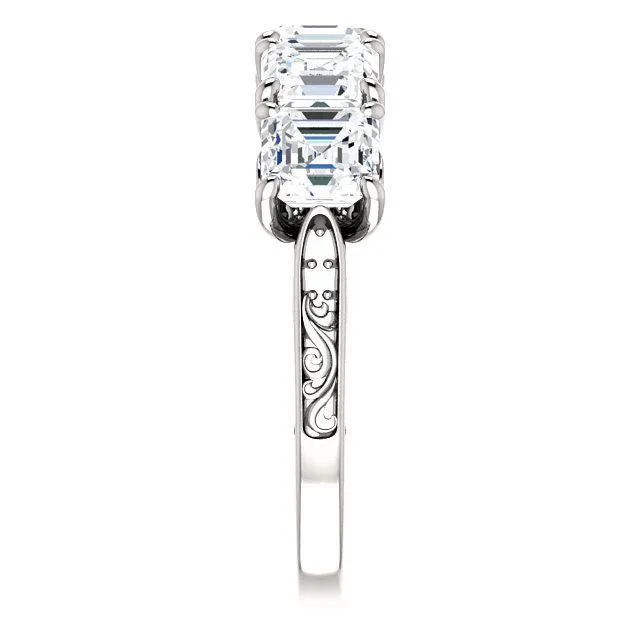Estella Asscher Moissanite Filigree Scrolls Engagement Band Fire Brilliance Rings