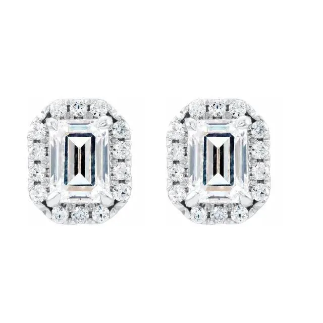 Fire Brilliance Earrings Emerald Center Accented Diamond Halo 4 Prong Earrings