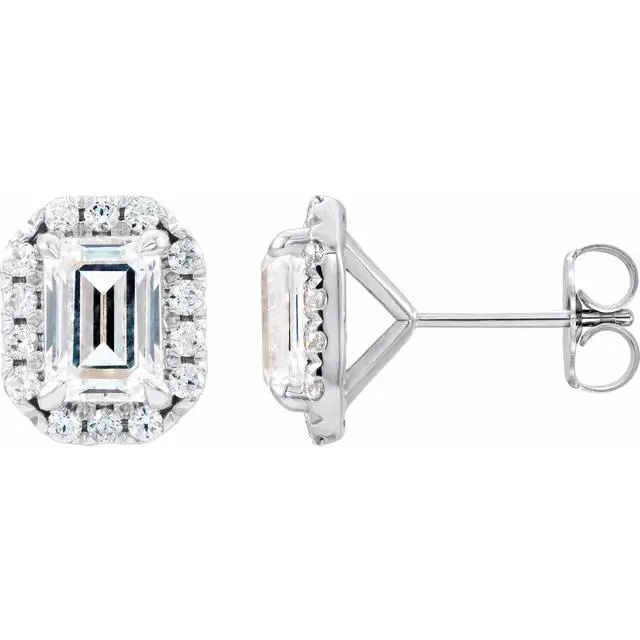 Fire Brilliance Earrings Emerald Center Accented Diamond Halo 4 Prong Earrings