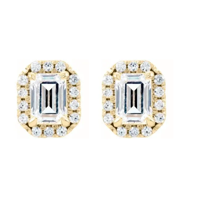 Fire Brilliance Earrings Emerald Center Accented Diamond Halo 4 Prong Earrings