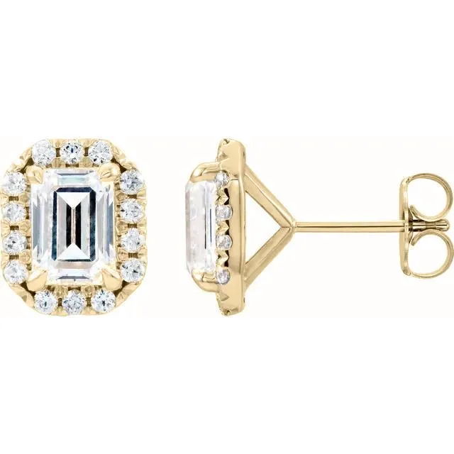 Fire Brilliance Earrings Emerald Center Accented Diamond Halo 4 Prong Earrings