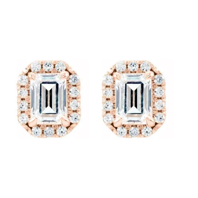 Fire Brilliance Earrings Emerald Center Accented Diamond Halo 4 Prong Earrings