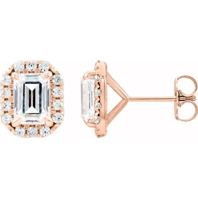 Fire Brilliance Earrings Emerald Center Accented Diamond Halo 4 Prong Earrings