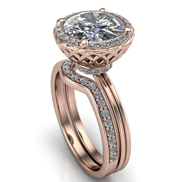 Fire Brilliance Ivy Round Center Stone Intertwined Love Basket Halo Diamond Ring Rings