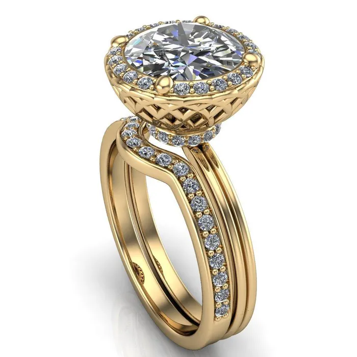 Fire Brilliance Ivy Round Center Stone Intertwined Love Basket Halo Diamond Ring Rings