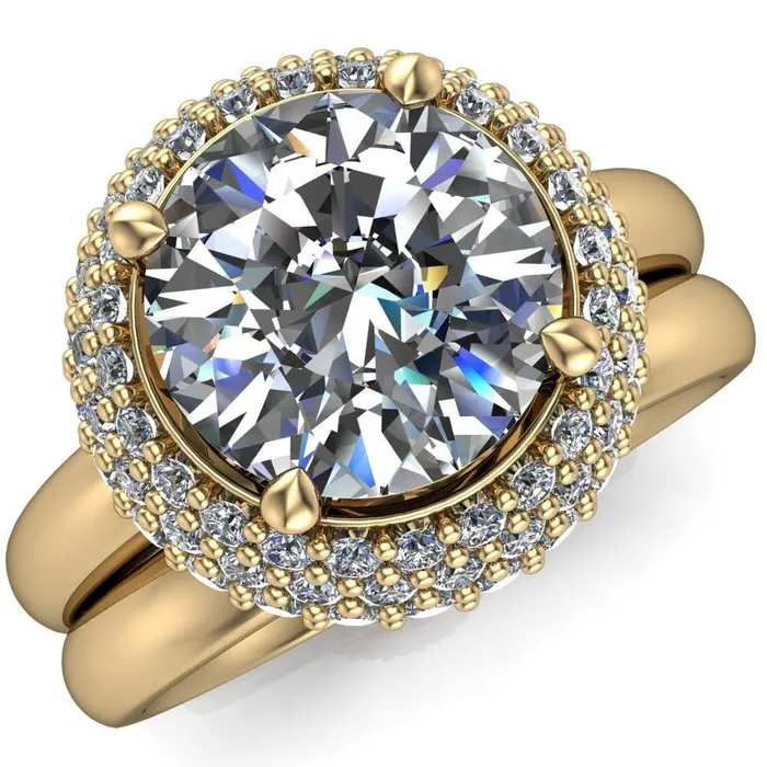Hailey Round Center Stone 3 Row Umbrella Diamond Halo Ring Fire Brilliance Rings