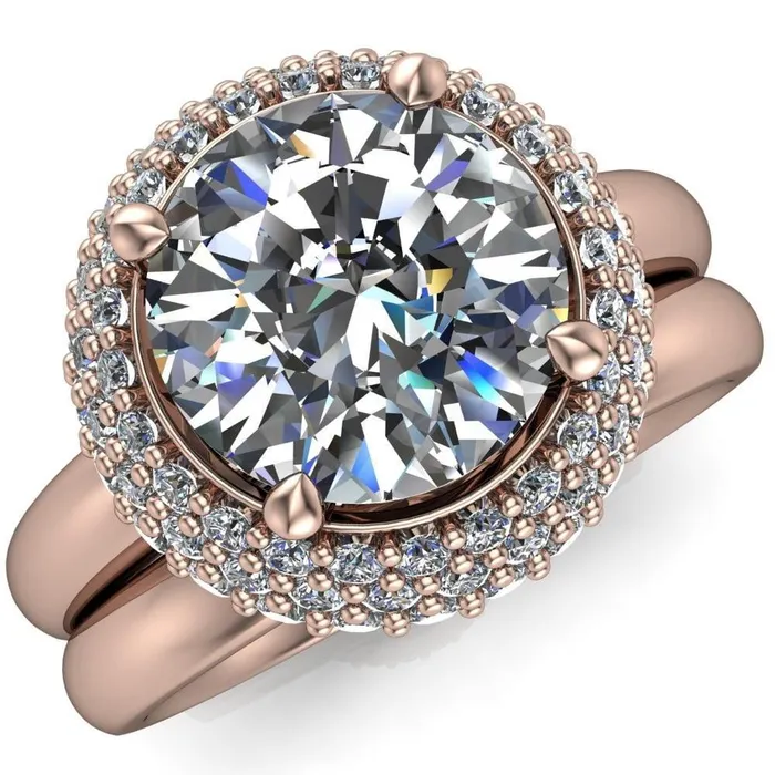 Hailey Round Center Stone 3 Row Umbrella Diamond Halo Ring Fire Brilliance Rings
