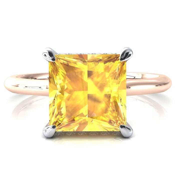 Janey Princess Yellow Sapphire 4 Prongs Claw Floating Halo Inverted Cathedral Ring Fire Brilliance Rings