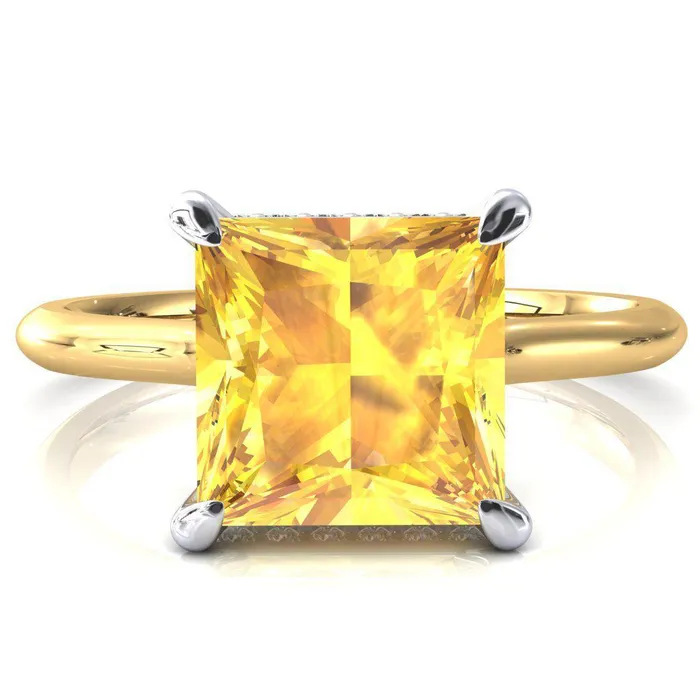 Janey Princess Yellow Sapphire 4 Prongs Claw Floating Halo Inverted Cathedral Ring Fire Brilliance Rings