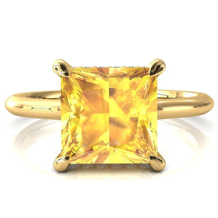 Janey Princess Yellow Sapphire 4 Prongs Claw Floating Halo Inverted Cathedral Ring Fire Brilliance Rings