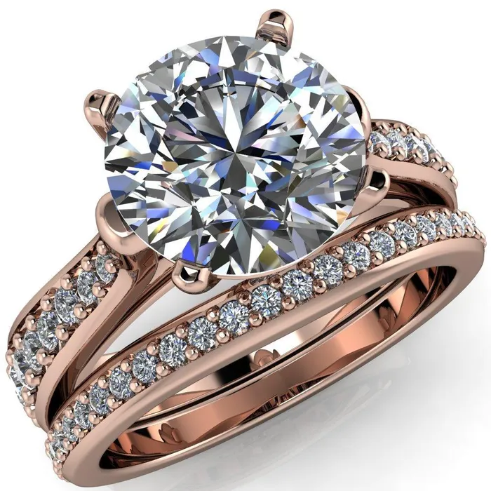 Lupine Round Center Stone 4 Prong Split Shank Cathedral Engagement Ring Fire Brilliance Rings