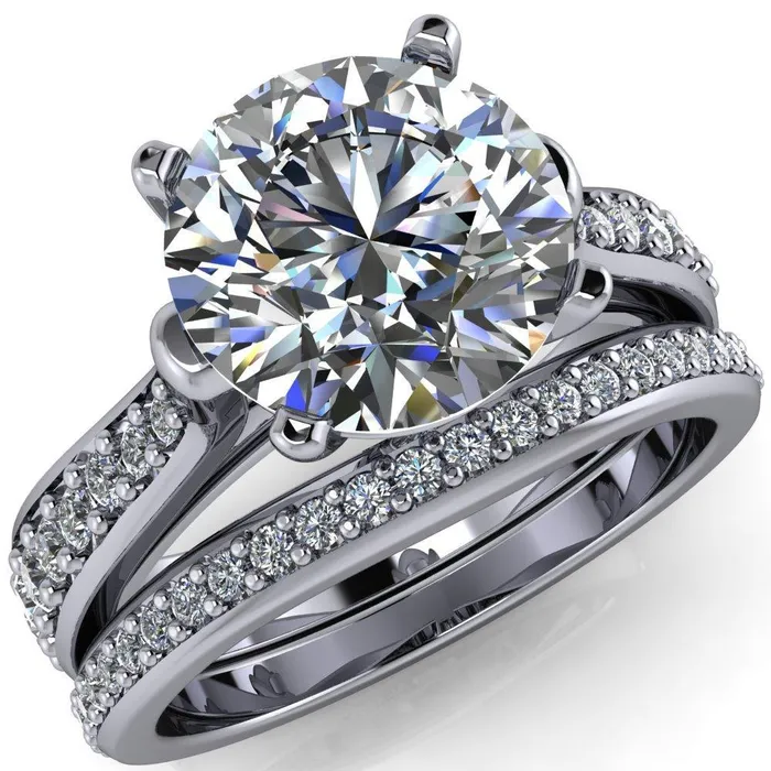 Lupine Round Center Stone 4 Prong Split Shank Cathedral Engagement Ring Fire Brilliance Rings