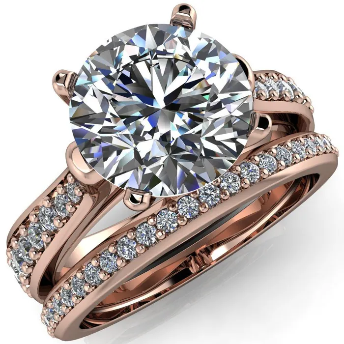 Lupine Round Center Stone 4 Prong Split Shank Cathedral Engagement Ring Fire Brilliance Rings