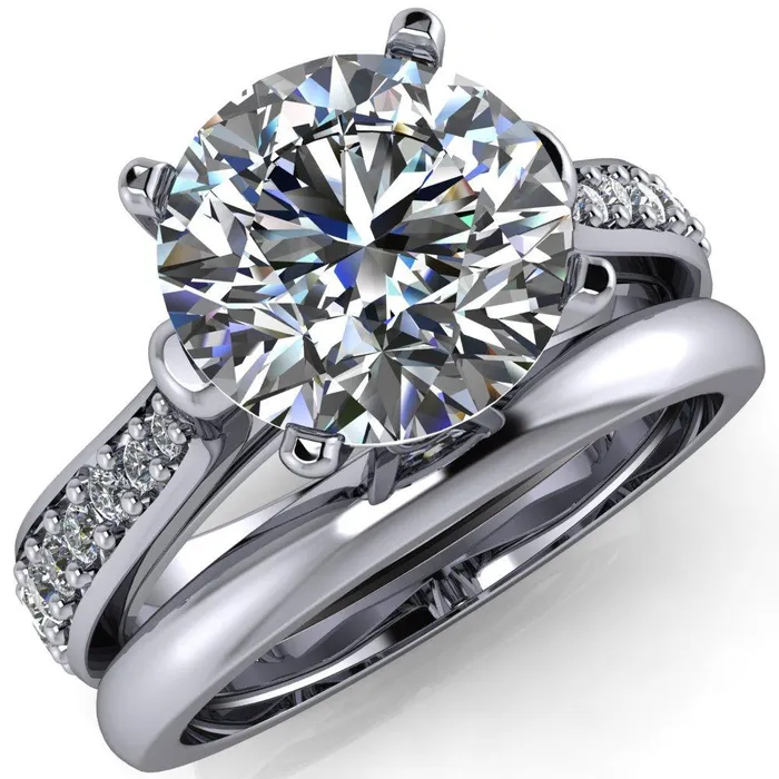 Lupine Round Center Stone 4 Prong Split Shank Cathedral Engagement Ring Fire Brilliance Rings