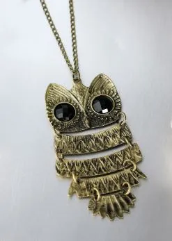 Necklaces 01 N1383 Gold Owl Necklace with FREE Earrings