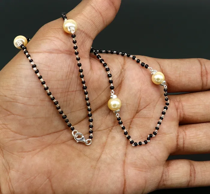 Necklaces TRIBAL ORNAMENTS 925 sterling silver black beaded chain necklace with gorgeous white pearls best gifting elegant necklace tribal necklace set221