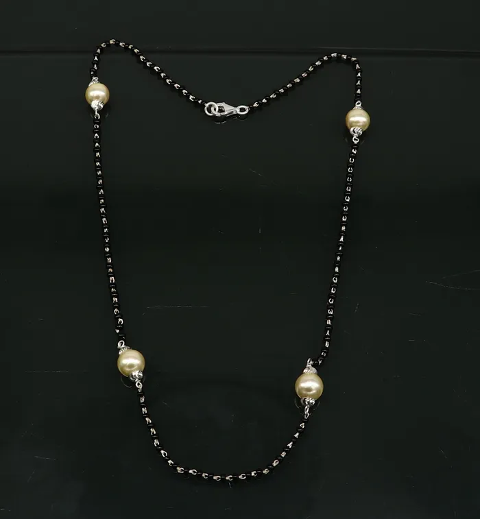 Necklaces TRIBAL ORNAMENTS 925 sterling silver black beaded chain necklace with gorgeous white pearls best gifting elegant necklace tribal necklace set221