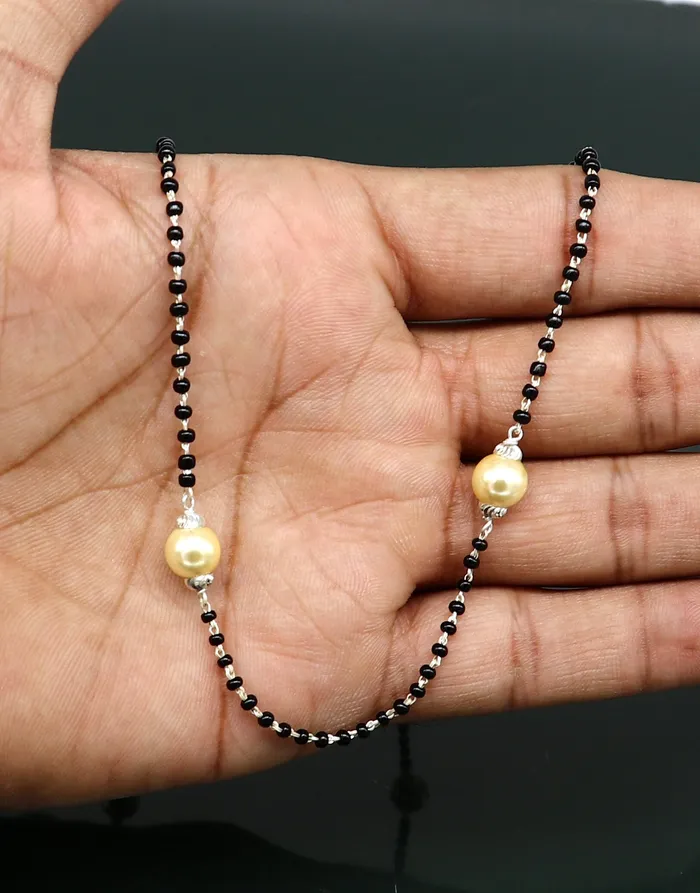 Necklaces TRIBAL ORNAMENTS 925 sterling silver black beaded chain necklace with gorgeous white pearls best gifting elegant necklace tribal necklace set221