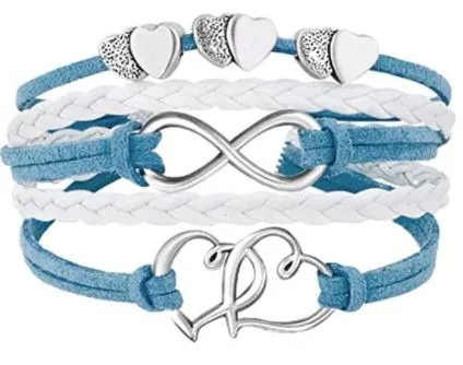 polly Bracelets B79 Light Blue White Hearts Leather Layer Bracelet