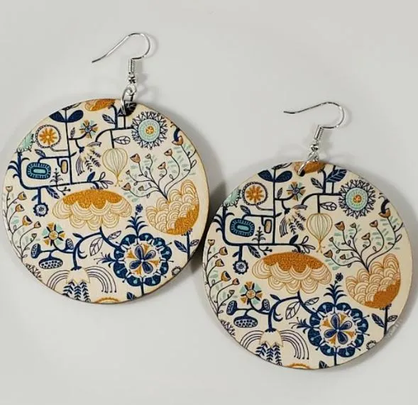 polly Earrings E930 Large Round Wooden Blue Yellow Floral Earrings