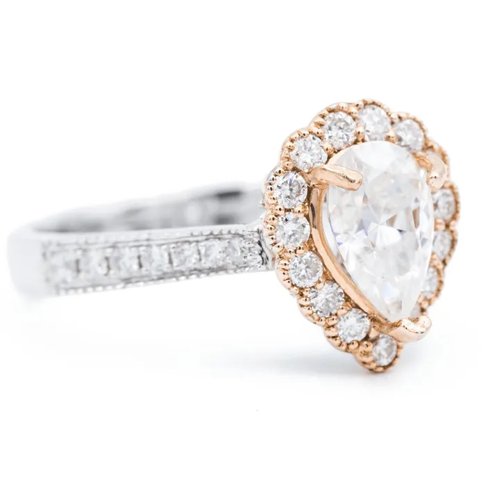 Rings Fire Brilliance 8x5mm Pear Center Two Tone 14K RoseWhite Gold Halo with Side Diamonds Ring