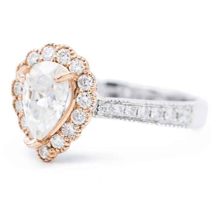 Rings Fire Brilliance 8x5mm Pear Center Two Tone 14K RoseWhite Gold Halo with Side Diamonds Ring