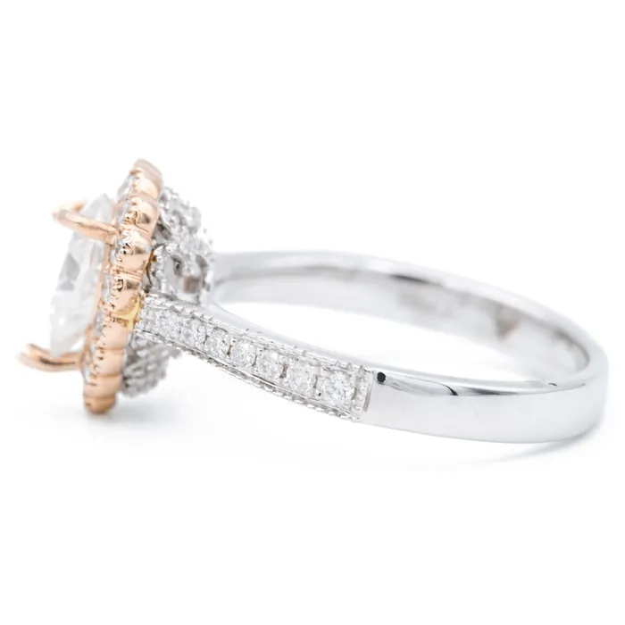 Rings Fire Brilliance 8x5mm Pear Center Two Tone 14K RoseWhite Gold Halo with Side Diamonds Ring