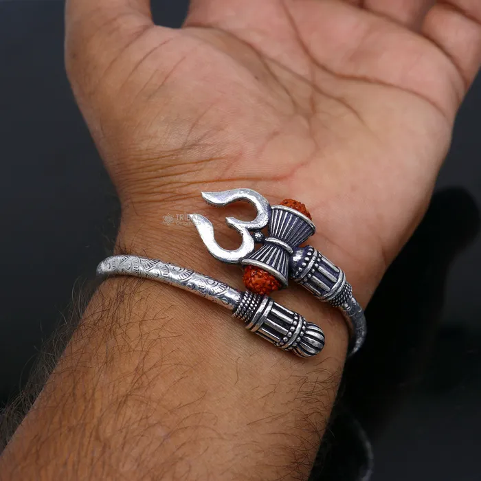 TRIBAL ORNAMENTS Bracelets 925 Sterling silver handmade trendy style Lord Shiva trident trishul kada bangle bracelet with natural Rudraksha customized kada nsk720