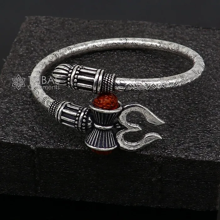 TRIBAL ORNAMENTS Bracelets 925 Sterling silver handmade trendy style Lord Shiva trident trishul kada bangle bracelet with natural Rudraksha customized kada nsk720